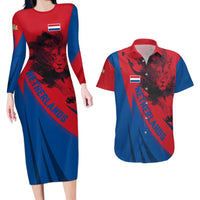 Netherlands Couples Matching Long Sleeve Bodycon Dress and Hawaiian Shirt with Lion Graphic and Dutch Flag in Red and Blue Design - Wonder Print Shop
