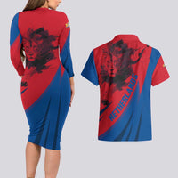 Netherlands Couples Matching Long Sleeve Bodycon Dress and Hawaiian Shirt with Lion Graphic and Dutch Flag in Red and Blue Design - Wonder Print Shop