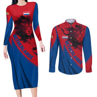 Netherlands Couples Matching Long Sleeve Bodycon Dress and Long Sleeve Button Shirt with Lion Graphic and Dutch Flag in Red and Blue Design - Wonder Print Shop