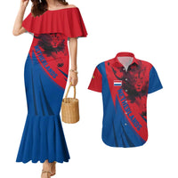 Netherlands Couples Matching Mermaid Dress and Hawaiian Shirt with Lion Graphic and Dutch Flag in Red and Blue Design - Wonder Print Shop