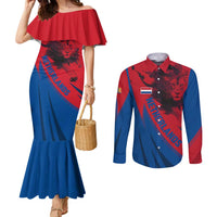 Netherlands Couples Matching Mermaid Dress and Long Sleeve Button Shirt with Lion Graphic and Dutch Flag in Red and Blue Design - Wonder Print Shop