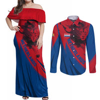 Netherlands Couples Matching Off Shoulder Maxi Dress and Long Sleeve Button Shirt with Lion Graphic and Dutch Flag in Red and Blue Design - Wonder Print Shop