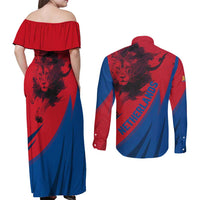 Netherlands Couples Matching Off Shoulder Maxi Dress and Long Sleeve Button Shirt with Lion Graphic and Dutch Flag in Red and Blue Design - Wonder Print Shop