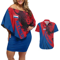 Netherlands Couples Matching Off Shoulder Short Dress and Hawaiian Shirt with Lion Graphic and Dutch Flag in Red and Blue Design - Wonder Print Shop