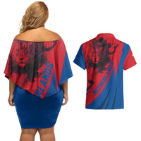 Netherlands Couples Matching Off Shoulder Short Dress and Hawaiian Shirt with Lion Graphic and Dutch Flag in Red and Blue Design - Wonder Print Shop