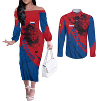 Netherlands Couples Matching Off The Shoulder Long Sleeve Dress and Long Sleeve Button Shirt with Lion Graphic and Dutch Flag in Red and Blue Design - Wonder Print Shop