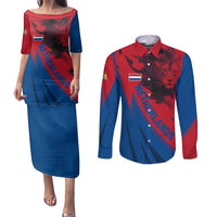 Netherlands Couples Matching Puletasi and Long Sleeve Button Shirt with Lion Graphic and Dutch Flag in Red and Blue Design - Wonder Print Shop