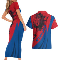 Netherlands Couples Matching Short Sleeve Bodycon Dress and Hawaiian Shirt with Lion Graphic and Dutch Flag in Red and Blue Design - Wonder Print Shop