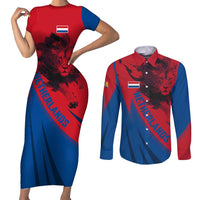 Netherlands Couples Matching Short Sleeve Bodycon Dress and Long Sleeve Button Shirt with Lion Graphic and Dutch Flag in Red and Blue Design - Wonder Print Shop