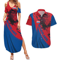 Netherlands Couples Matching Summer Maxi Dress and Hawaiian Shirt with Lion Graphic and Dutch Flag in Red and Blue Design - Wonder Print Shop