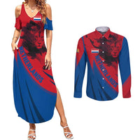 Netherlands Couples Matching Summer Maxi Dress and Long Sleeve Button Shirt with Lion Graphic and Dutch Flag in Red and Blue Design - Wonder Print Shop