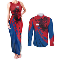 Netherlands Couples Matching Tank Maxi Dress and Long Sleeve Button Shirt with Lion Graphic and Dutch Flag in Red and Blue Design - Wonder Print Shop