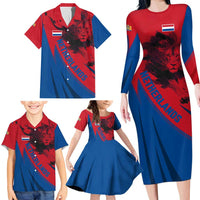 Netherlands Family Matching Long Sleeve Bodycon Dress and Hawaiian Shirt with Lion Graphic and Dutch Flag in Red and Blue Design - Wonder Print Shop