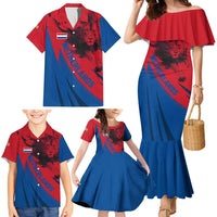 Netherlands Family Matching Mermaid Dress and Hawaiian Shirt with Lion Graphic and Dutch Flag in Red and Blue Design - Wonder Print Shop