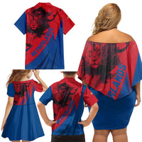 Netherlands Family Matching Off Shoulder Short Dress and Hawaiian Shirt with Lion Graphic and Dutch Flag in Red and Blue Design - Wonder Print Shop