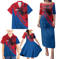 Netherlands Family Matching Puletasi and Hawaiian Shirt with Lion Graphic and Dutch Flag in Red and Blue Design - Wonder Print Shop