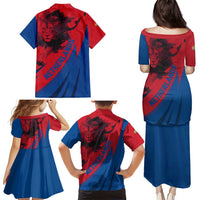 Netherlands Family Matching Puletasi and Hawaiian Shirt with Lion Graphic and Dutch Flag in Red and Blue Design - Wonder Print Shop