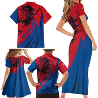 Netherlands Family Matching Short Sleeve Bodycon Dress and Hawaiian Shirt with Lion Graphic and Dutch Flag in Red and Blue Design - Wonder Print Shop