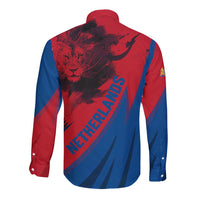 Netherlands Long Sleeve Button Shirt with Lion Graphic and Dutch Flag in Red and Blue Design - Wonder Print Shop