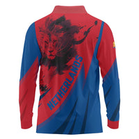 Netherlands Long Sleeve Polo Shirt with Lion Graphic and Dutch Flag in Red and Blue Design - Wonder Print Shop