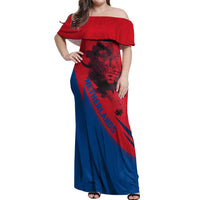 Netherlands Off Shoulder Maxi Dress with Lion Graphic and Dutch Flag in Red and Blue Design - Wonder Print Shop