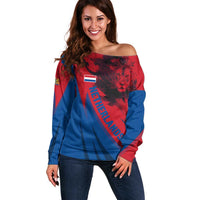 Netherlands Off Shoulder Sweater with Lion Graphic and Dutch Flag in Red and Blue Design - Wonder Print Shop