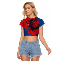 Netherlands Raglan Cropped T Shirt with Lion Graphic and Dutch Flag in Red and Blue Design - Wonder Print Shop