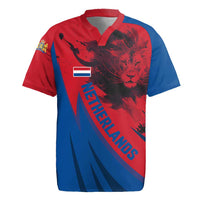 Netherlands Rugby Jersey with Lion Graphic and Dutch Flag in Red and Blue Design - Wonder Print Shop
