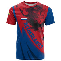 Netherlands T Shirt with Lion Graphic and Dutch Flag in Red and Blue Design - Wonder Print Shop