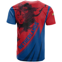 Netherlands T Shirt with Lion Graphic and Dutch Flag in Red and Blue Design - Wonder Print Shop