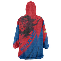 Netherlands Wearable Blanket Hoodie with Lion Graphic and Dutch Flag in Red and Blue Design - Wonder Print Shop