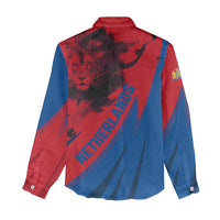 Netherlands Women Casual Shirt with Lion Graphic and Dutch Flag in Red and Blue Design - Wonder Print Shop
