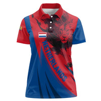 Netherlands Women Polo Shirt with Lion Graphic and Dutch Flag in Red and Blue Design - Wonder Print Shop