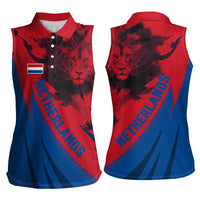 Netherlands Women Sleeveless Polo Shirt with Lion Graphic and Dutch Flag in Red and Blue Design - Wonder Print Shop