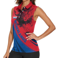 Netherlands Women Sleeveless Polo Shirt with Lion Graphic and Dutch Flag in Red and Blue Design - Wonder Print Shop