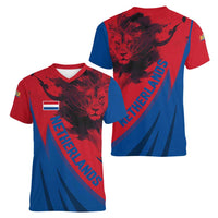 Netherlands Women V-Neck T-Shirt with Lion Graphic and Dutch Flag in Red and Blue Design - Wonder Print Shop
