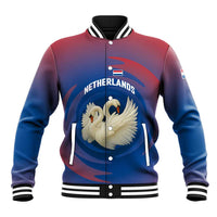 Netherlands Baseball Jacket with Swan Couple Graphic and Dutch Flag in Gradient Red and Blue Design - Wonder Print Shop