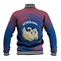 Netherlands Baseball Jacket with Swan Couple Graphic and Dutch Flag in Gradient Red and Blue Design - Wonder Print Shop