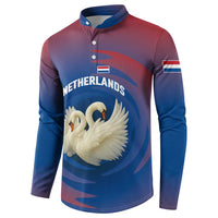 Netherlands Button Sweatshirt with Swan Couple Graphic and Dutch Flag in Gradient Red and Blue Design - Wonder Print Shop