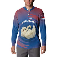 Netherlands Button Sweatshirt with Swan Couple Graphic and Dutch Flag in Gradient Red and Blue Design - Wonder Print Shop