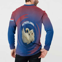 Netherlands Button Sweatshirt with Swan Couple Graphic and Dutch Flag in Gradient Red and Blue Design - Wonder Print Shop