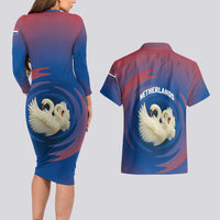 Netherlands Couples Matching Long Sleeve Bodycon Dress and Hawaiian Shirt with Swan Couple Graphic and Dutch Flag in Gradient Red and Blue Design - Wonder Print Shop