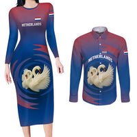 Netherlands Couples Matching Long Sleeve Bodycon Dress and Long Sleeve Button Shirt with Swan Couple Graphic and Dutch Flag in Gradient Red and Blue Design - Wonder Print Shop