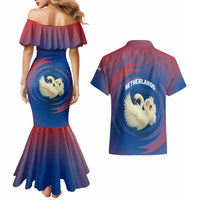 Netherlands Couples Matching Mermaid Dress and Hawaiian Shirt with Swan Couple Graphic and Dutch Flag in Gradient Red and Blue Design - Wonder Print Shop
