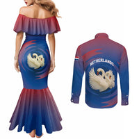 Netherlands Couples Matching Mermaid Dress and Long Sleeve Button Shirt with Swan Couple Graphic and Dutch Flag in Gradient Red and Blue Design - Wonder Print Shop
