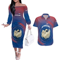 Netherlands Couples Matching Off The Shoulder Long Sleeve Dress and Hawaiian Shirt with Swan Couple Graphic and Dutch Flag in Gradient Red and Blue Design - Wonder Print Shop