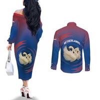 Netherlands Couples Matching Off The Shoulder Long Sleeve Dress and Long Sleeve Button Shirt with Swan Couple Graphic and Dutch Flag in Gradient Red and Blue Design - Wonder Print Shop
