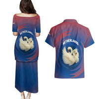 Netherlands Couples Matching Puletasi and Hawaiian Shirt with Swan Couple Graphic and Dutch Flag in Gradient Red and Blue Design - Wonder Print Shop