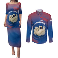 Netherlands Couples Matching Puletasi and Long Sleeve Button Shirt with Swan Couple Graphic and Dutch Flag in Gradient Red and Blue Design - Wonder Print Shop