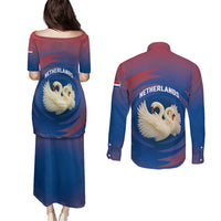 Netherlands Couples Matching Puletasi and Long Sleeve Button Shirt with Swan Couple Graphic and Dutch Flag in Gradient Red and Blue Design - Wonder Print Shop